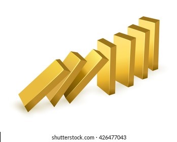 Falling price gold concept. Falling gold bars as dominoes. isolated on white background 