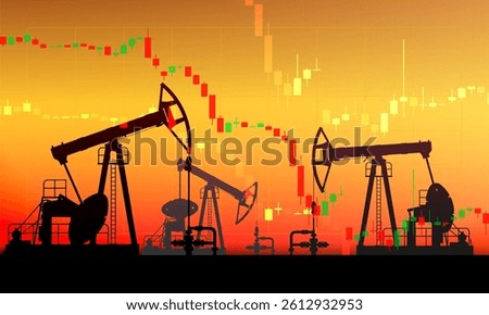 Falling price. Pumpjack on oil price chart, financial data. Land crude oil drilling rig, derrick, pump jack. Price per barrel. Onshore production, industry, business. Silhouette, desert. Vector