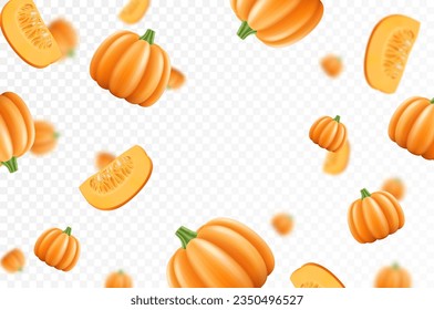 Calabaza que cae aislada en un fondo transparente. Calabazas anaranjadas en rodajas y enteras con efecto borroso. Se puede usar para publicidad, embalaje, banner, afiche, impresión. Vector 3d realista