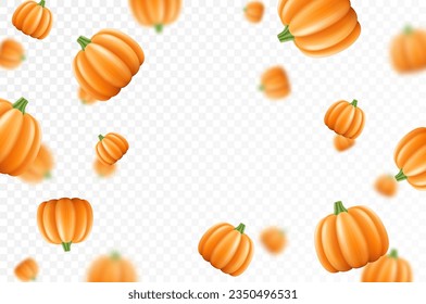 Calabaza que cae aislada en un fondo transparente. Calabazas anaranjadas en rodajas y enteras con efecto borroso. Se puede usar para publicidad, embalaje, banner, afiche, impresión. Vector 3d realista