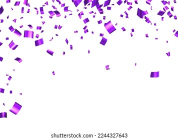 Falling purple cut out foil ribbon confetti background with space for text. Design element for web, cards, flyers, invitations. Vector illustration.