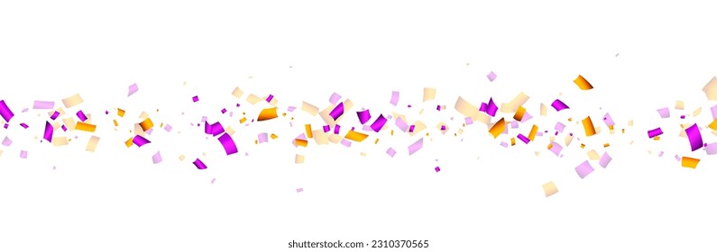 Falling purple and yellow cut out ribbon confetti background. Design element for web, cards, flyers, invitations. Vector illustration.