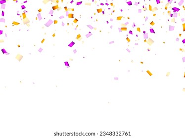 Falling purple and yellow cut out ribbon confetti background with space for text. Design element for web, cards, flyers, invitations. Vector illustration.
