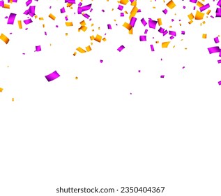Falling purple and yellow cut out ribbon confetti background with space for text. Design element for web, cards, flyers, invitations. Vector illustration.