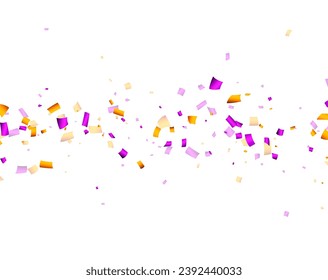 Falling purple and yellow cut out ribbon confetti background. Design element for web, cards, flyers, invitations. Vector illustration.