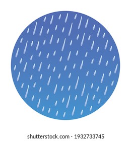 Falling rain drops in a dark sky background, rainy weather forecast vector illustration, round shape frame icon.