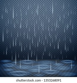 Falling rain drops on dark transparent background realistic vector illustration