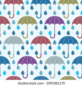 Falling rain drops and umbrellas water vector seamless pattern, weather and nature theme blue colored repeat endless background, dew water dripping.