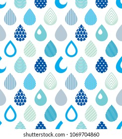 Falling rain drops water vector seamless pattern, blue colored repeat endless background, dew water dripping.