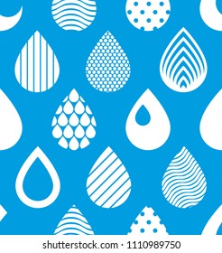 Falling rain drops water vector seamless pattern, blue colored repeat endless background, dew water dripping.