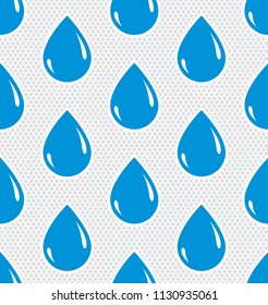 Falling rain drops water vector seamless pattern, blue colored repeat endless background, dew water dripping.