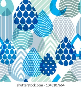 Falling rain drops water vector seamless pattern, blue colored repeat endless background, dew water dripping.