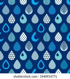 Falling rain drops water vector seamless pattern, blue colored repeat endless background, dew water dripping.