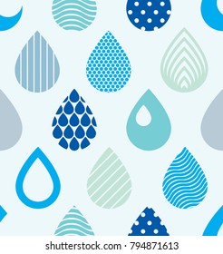 Falling rain drops water vector seamless pattern, blue colored repeat endless background, dew water dripping.