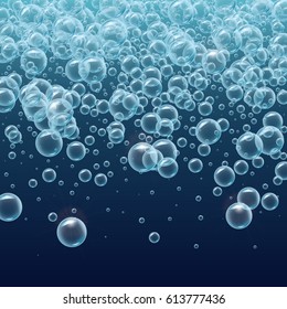 Falling rain of realistic water bubbles. Template for aqua park, swimming pool, diving club design. For greeting card, banner, flyer, party invitation. Deep sea with bubbles and sprays underwater.