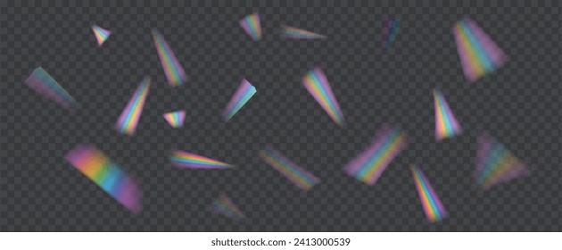 Falling rainbow holographic foil pieces realistic vector illustration set. Iridescent confetti blurry view. 3d elements on transparent background
