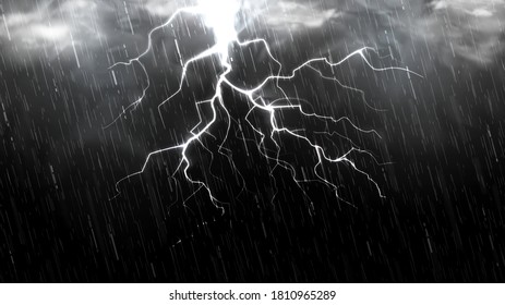 Falling raindrops isolated on black background. Falling water drops texture. Realistic rain with clouds, fog and lightning. Vector illustration.