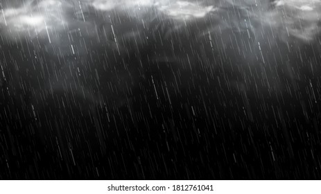 Falling raindrops isolated on black background. Falling water drops texture. Realistic rain with clouds and fog. Vector illustration.