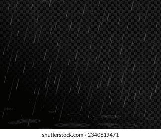 Falling raindrops isolated on black background. Realistic white cloud with rain drops, rainstorm, raincloud, rainfall or cyclone weather vector.