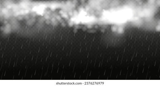 Falling raindrops isolated on black background. Realistic white cloud with rain drops, rainstorm, raincloud, rainfall or cyclone weather vector.