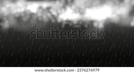 Falling raindrops isolated on black background. Realistic white cloud with rain drops, rainstorm, raincloud, rainfall or cyclone weather vector.