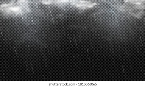 Falling raindrops texture template. Falling water drops isolated on checkered background. Realistic rain with clouds and fog. Vector illustration.