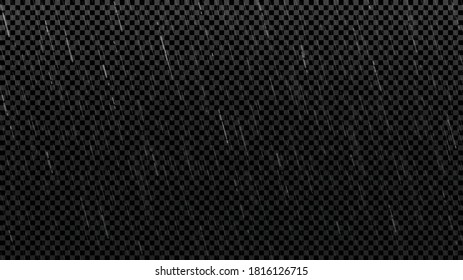 Falling raindrops texture template. Falling water drops isolated on checkered background. Realistic rain. Vector illustration.