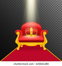 Falling rays illuminate royal red armchair with gold crown.