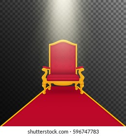 Falling rays on royal armchair of gold. Red throne, isolated on white background. Red carpet. Transparent background, vector.