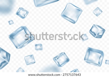 Falling realistic blue ice cubes isolated on transparent background. Defocusing pieces of ice floating in space. Ideal for advertising, package, banner design, summer themes. Vector illustration.