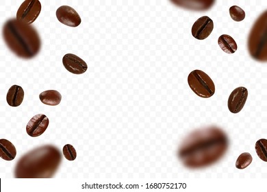Falling realistic coffee beans isolated on transparent background. Flying defocusing coffee grains. Applicable for cafe advertising, package, menu design. Vector illustration.