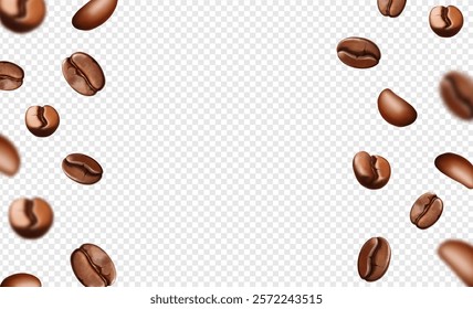 Falling realistic coffee beans vector. Brown roasted coffee grains flying background