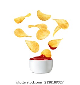 Falling realistische knusprige Kartoffelchips und Ketschup-Sauce. Vektorgewellte, knusprige, in Bewegung befindliche Scheiben fallen in eine weiße Keramikschüssel mit Ketschup. Köstliche Werbung für Lebensmittel, Werbung für knusprige Mahlzeiten, 3D-Chips