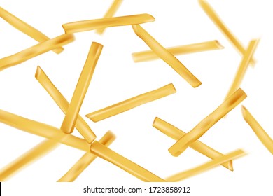 Falling realistic French fries background. Fast food banner. Flying french fries potatoes with bokeh effect isolated on white. vector illustration