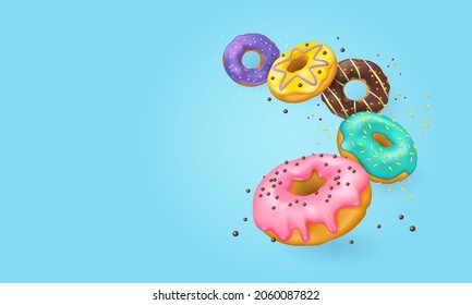 Falling realistic glazed donuts with sprinkles. 3d vector background for web banner, poster, postcard.