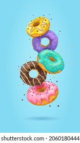 Falling realistic glazed donuts with sprinkles. Vertical 3d vector background for web banner, poster, postcard.