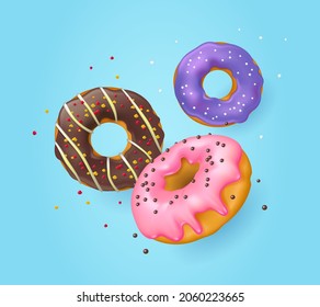 Falling realistic glazed donuts with sprinkles on a blue background. 3d vector background for web banner, poster, postcard.