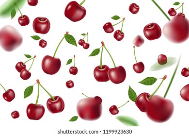 Falling realistic ripe cherry elements. Realistic red cherry with leaves background isolated on white. 3d Vector illustration