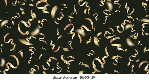 Falling realistic shiny gold big and tiny confetti on black background. Design for New Year, Merry Christmas. Birthday Celebration. Bright festive tinsel of gold color. Grand opening. Vector seamless