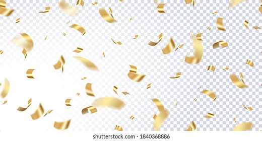 Falling realistic shiny golden tiny confetti isolated on transparent background. Birthday Celebration. Bright festive tinsel of gold color. Grand opening. Vector seamless illustration