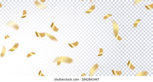 Falling realistic shiny golden tiny confetti isolated on transparent background. Birthday Celebration. Bright festive tinsel of gold color. Grand opening. Vector seamless illustration