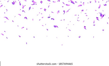 Falling realistic shiny purple foil tiny confetti isolated on white background. Birthday Celebration. Bright festive tinsel of pink, lilac color. Grand opening. Vector seamless illustration