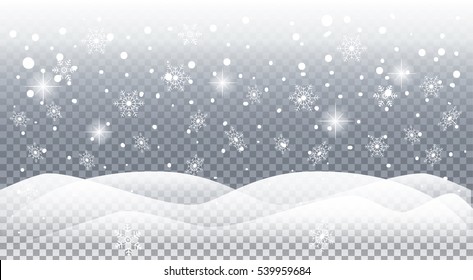 Falling realistic snow. Christmas and Happy New Year card background with snowfall, sparkle snowflakes snow mountain on transparent background Christmas pattern light effect vector Winter Holiday 2023