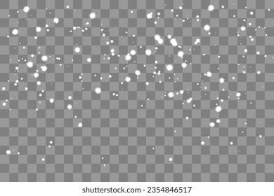 Falling realistic snow on a transparent background. Christmas snowfall, snow flakes, dust in the sky. Vector illustration, png.