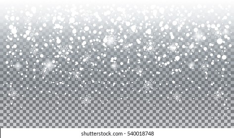 Falling realistic snow, snowflakes, transparent background. Winter Holiday landscape for Merry Christmas and Happy New Year greeting cards. Christmas decoration with white snowfall Vector illustration