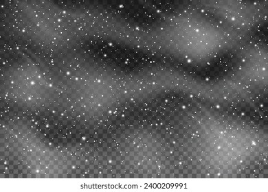 Falling realistic snowflakes, fog and wind on a transparent background for winter decor. Frost storm effect. New Year and Christmas background with snow in the air. Snow wallpaper, decorative element.