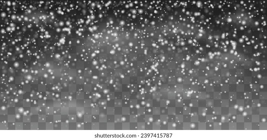 Falling realistic snowflakes on a transparent background for winter decor. New Year and Christmas background with snow in the air. Snow wallpaper, decorative element.