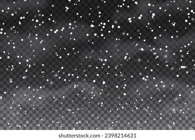 La decoración de invierno se basa en copas de nieve realistas sobre un fondo transparente. Efecto de tormenta de escarcha. Año Nuevo y Navidad de fondo con nieve en el aire. Papel pintado de nieve, elemento decorativo.