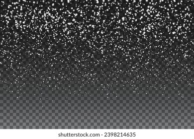 Fallende realistische Schneeflocken auf transparentem Hintergrund für die Winterdekoration. Froststurmeffekt. Neujahr und Weihnachtshintergrund mit Schnee in der Luft. Schneewallpaper, dekoratives Element.