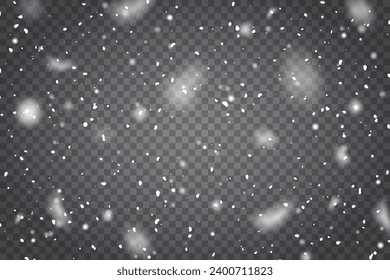Fallende realistische Schneeflocken auf transparentem Hintergrund für die Winterdekoration. Froststurmeffekt. Neujahr und Weihnachtshintergrund mit Schnee in der Luft. Schneewallpaper, dekoratives Element.